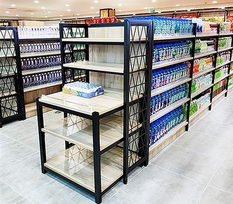 智豪华昌酒水置物架超市货架双面钢木展示架